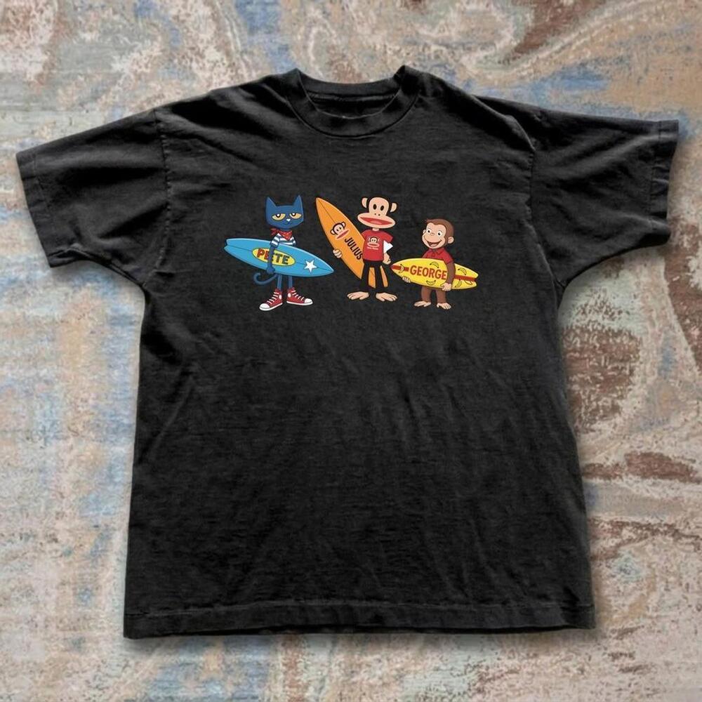 Pete X Paul Frank X Curious George Collab Black Surf Tee With Cartoon Characters